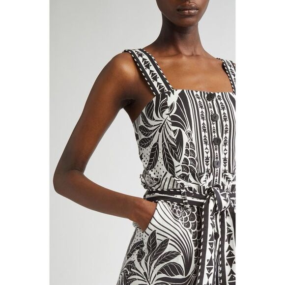 Farm Rio Women's Black White Patterned Sleeveless Linen Blend Romper Medium NWOT - Picture 4 of 11